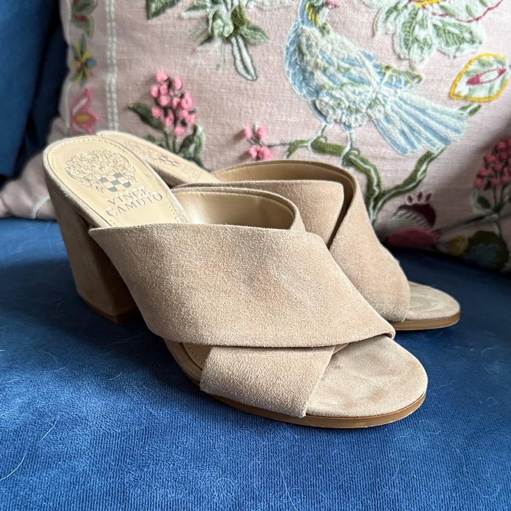 Vince Camuto Tan Suede Crossover Block Heel Mules